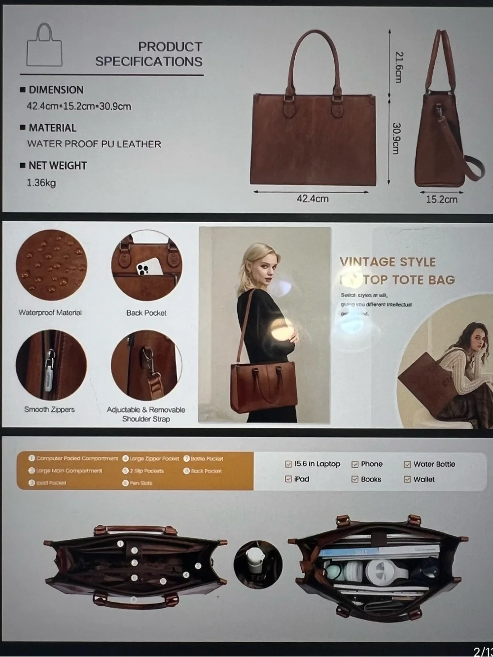 Lovevook Laptop Tote Bag Brown Vegan Leather Work Crossbody/Satchel.